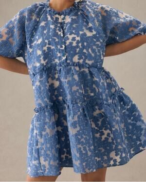 ANTHROPOLOGIE MAEVE JACQUARD TIERED DRESS BLUE